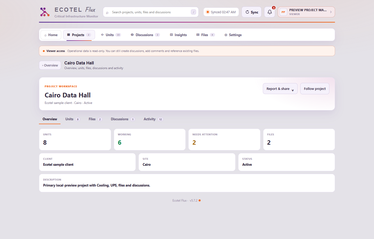Flux project workspace showing equipment, files, discussions, and project status